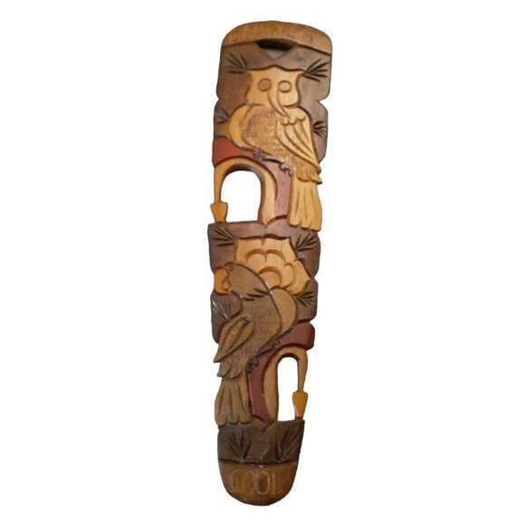 Jamaican Wood Carved Caribbean Tiki Style Wall Plaque Owl Wall Decor 26.5" x 6.5 - Picture 2 of 7